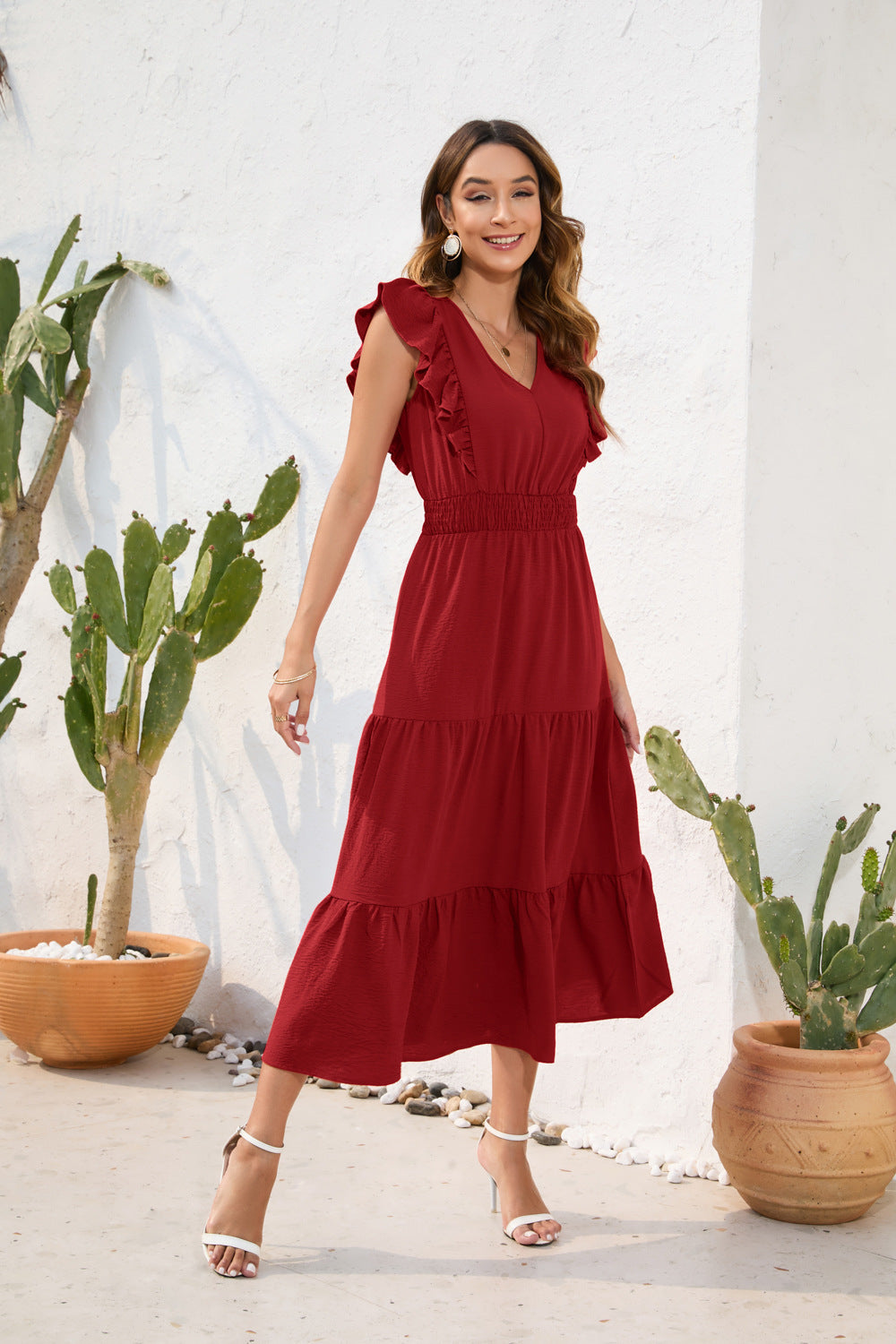 Long Casual Holiday V-neck High Waist Cake Dress