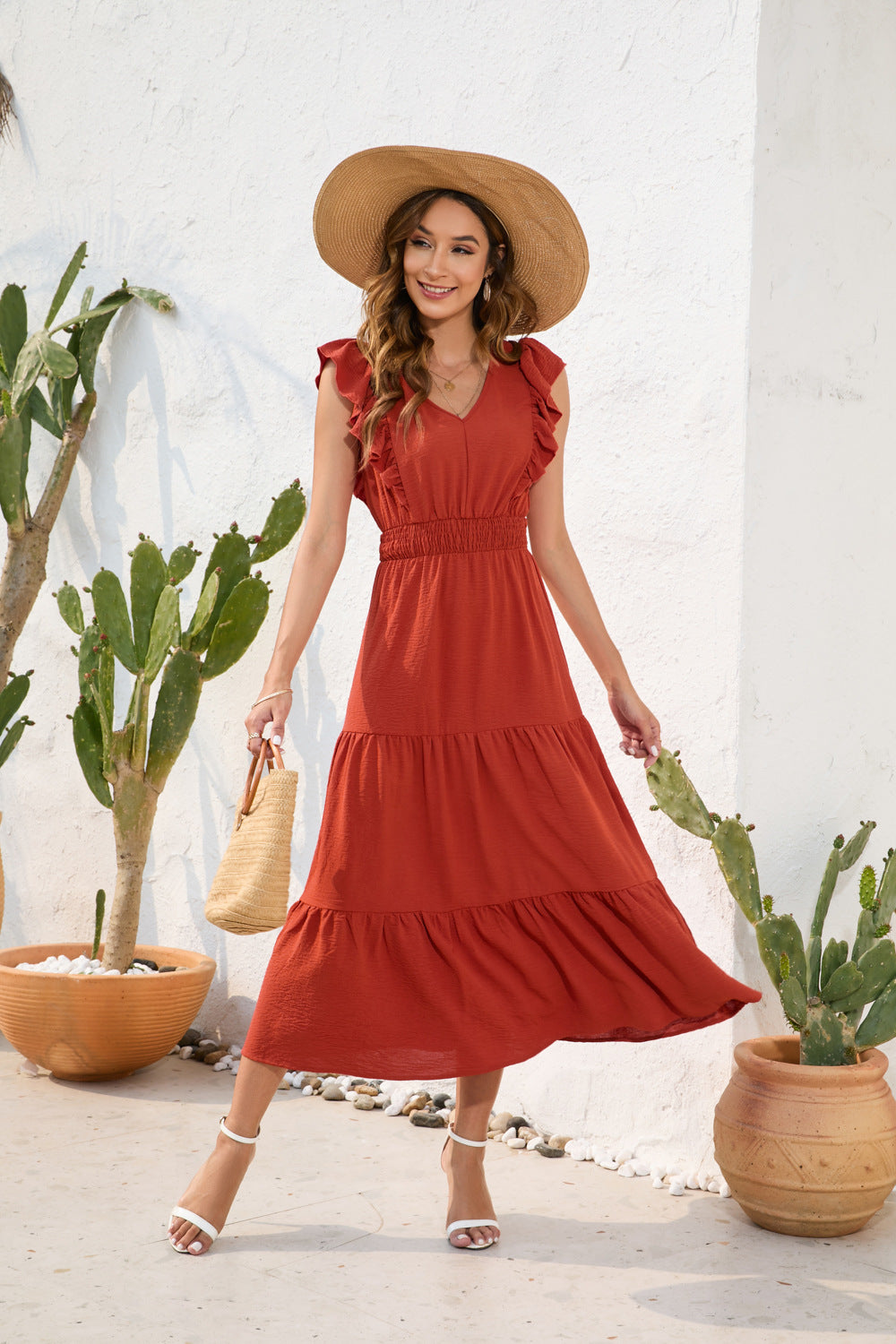 Long Casual Holiday V-neck High Waist Cake Dress