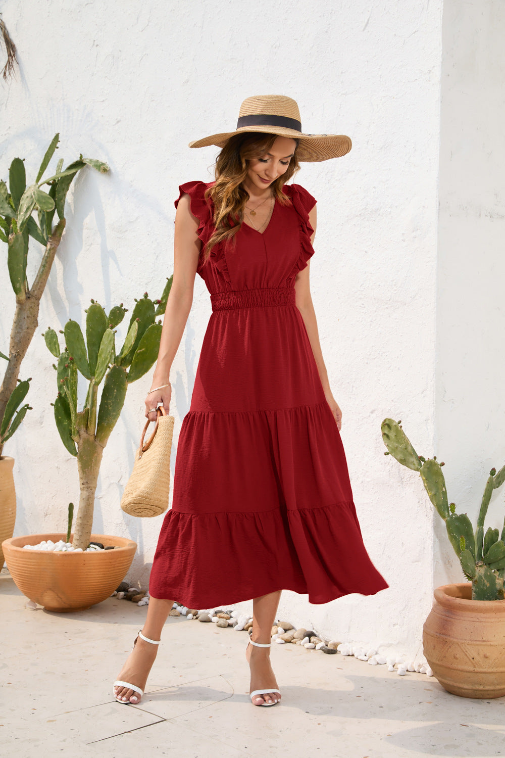 Long Casual Holiday V-neck High Waist Cake Dress