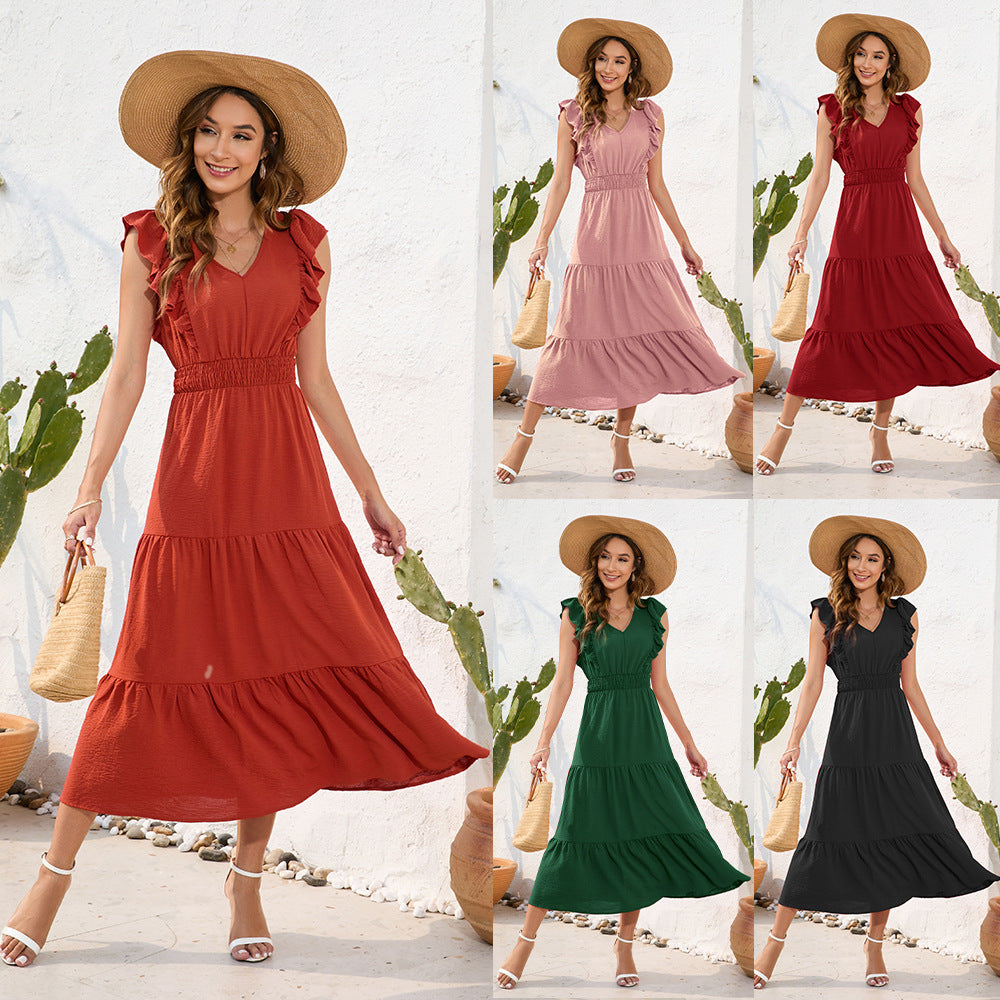 Long Casual Holiday V-neck High Waist Cake Dress